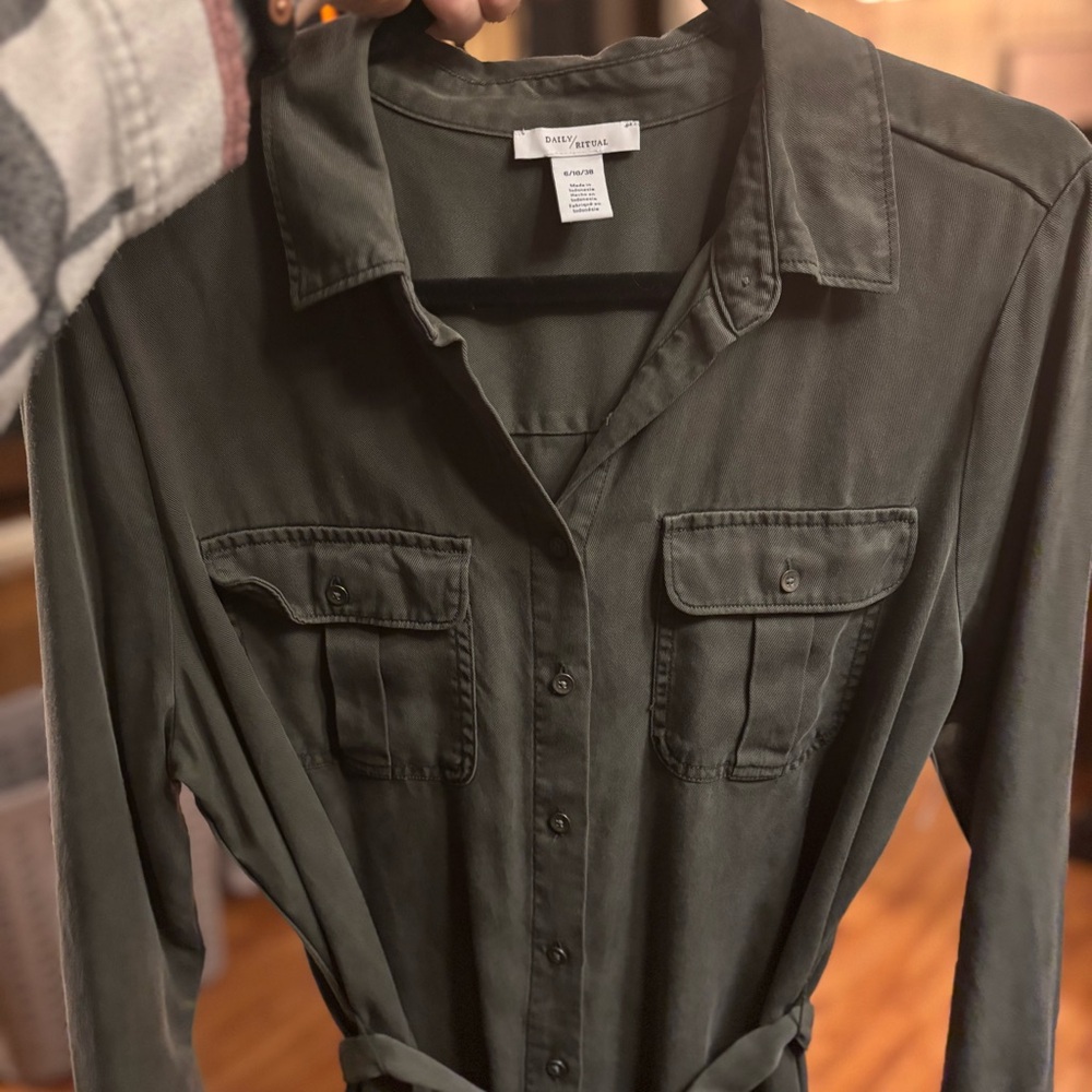 Daily Ritual Olive Button-Front Utility Shirtdress - Picture 2 of 12